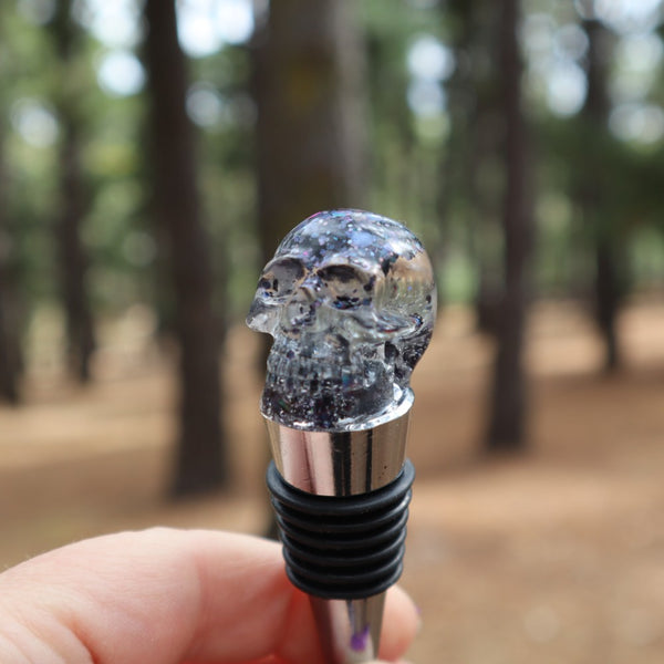 Resin Skull Bottle Stopper - black glitter