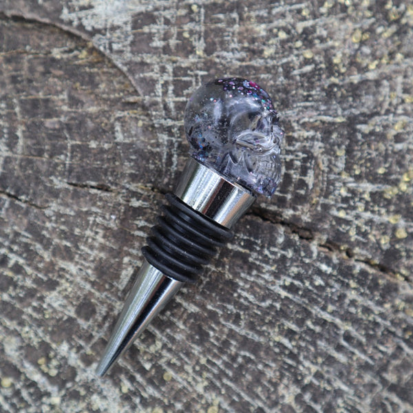 Resin Skull Bottle Stopper - black glitter