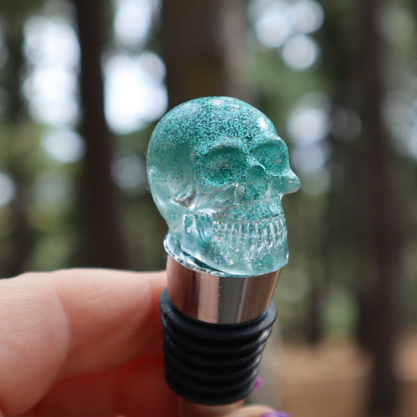 Resin Skull Bottle Stopper - green glitter