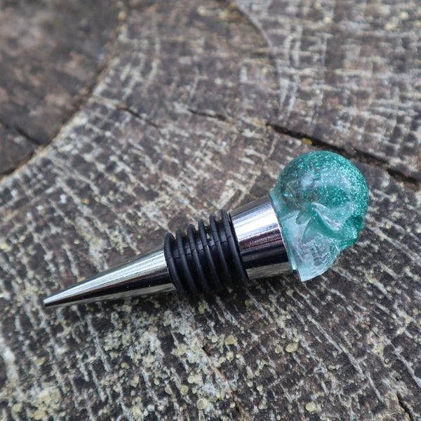 Resin Skull Bottle Stopper - green glitter