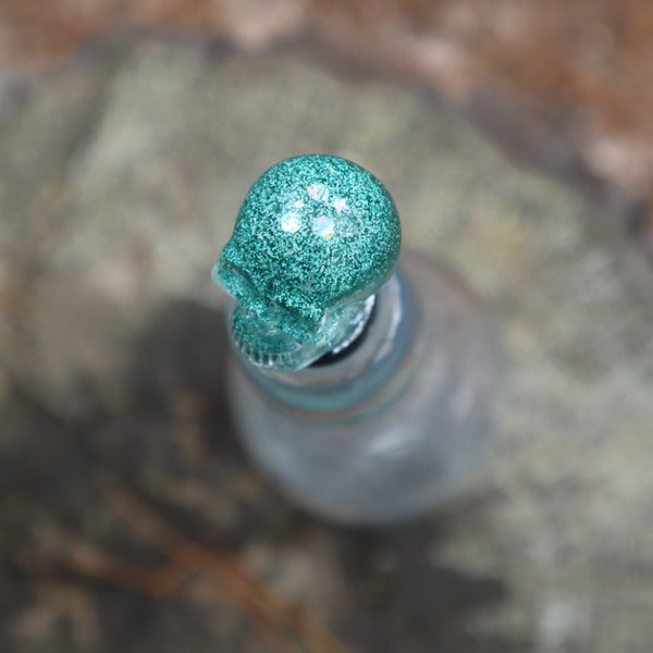 Resin Skull Bottle Stopper - green glitter