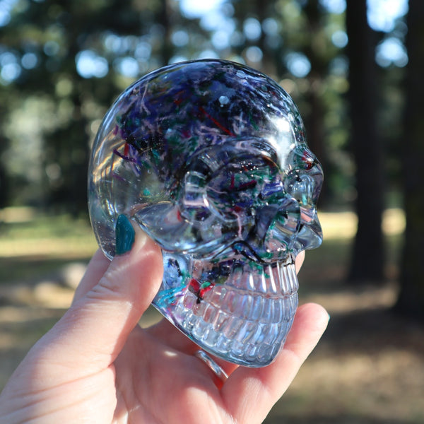 Resin Skull - handmade with cotton + glitter