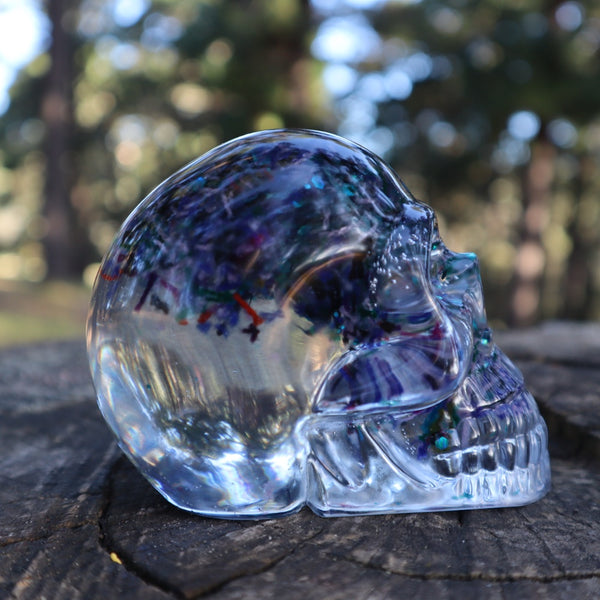 Resin Skull - handmade with cotton + blue glitter