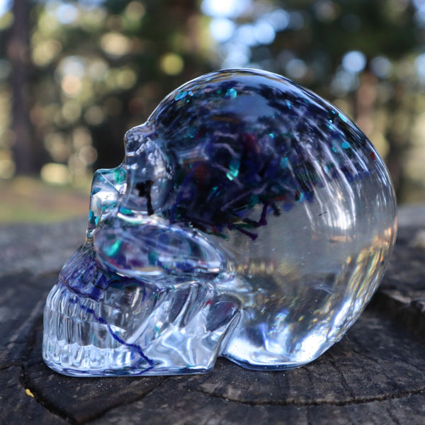 Resin Skull - handmade with cotton + blue glitter