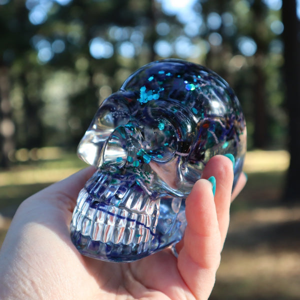 Resin Skull - handmade with cotton + blue glitter