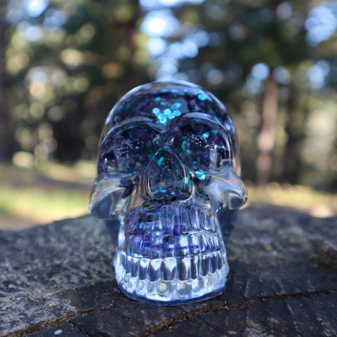 Resin Skull - handmade with cotton + blue glitter