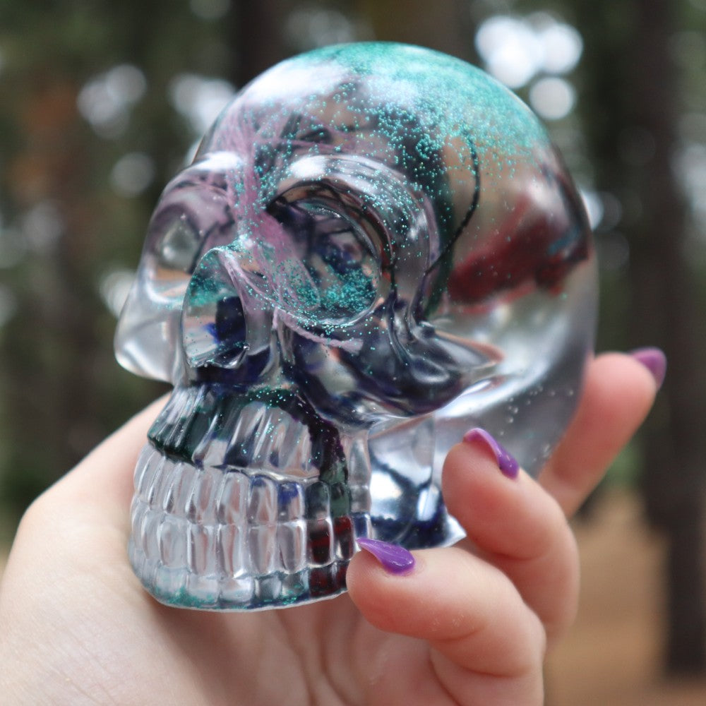 Resin Skull - handmade with cotton + green glitter