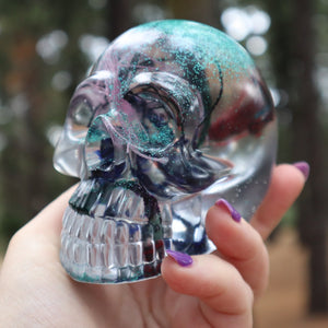 Resin Skull - handmade with cotton + green glitter