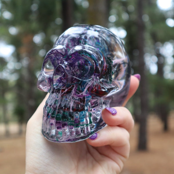 Resin Skull - handmade with cotton + purple glitter