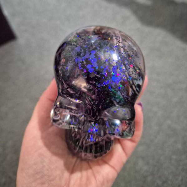 Resin Skull - handmade with cotton + purple glitter