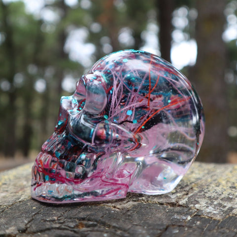 Resin Skull - handmade with cotton + turquoise glitter