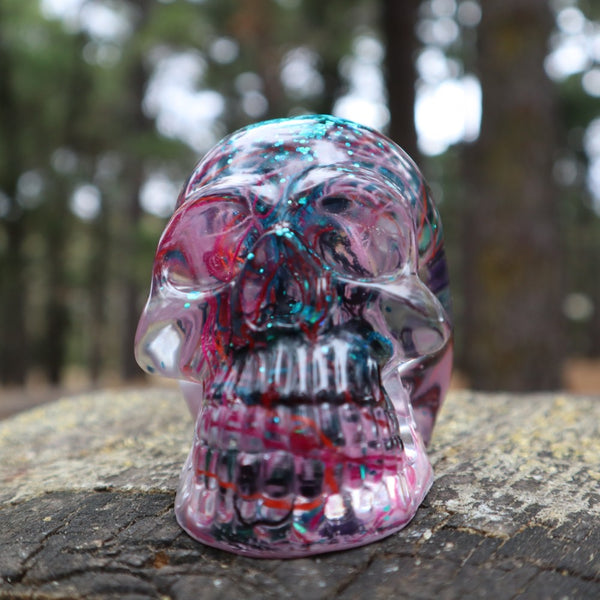 Resin Skull - handmade with cotton + turquoise glitter