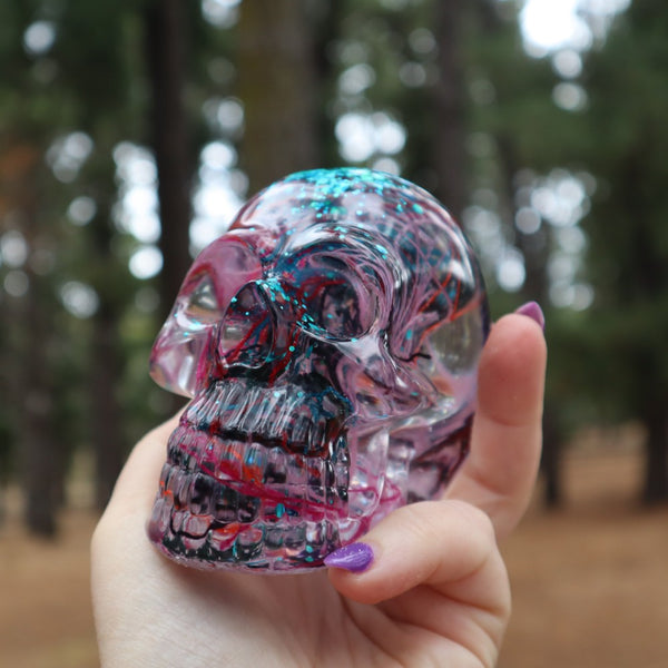 Resin Skull - handmade with cotton + turquoise glitter