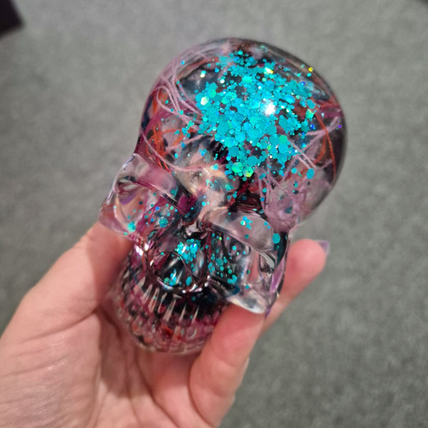 Resin Skull - handmade with cotton + turquoise glitter