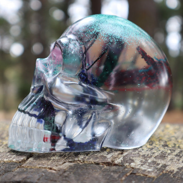 Resin Skull - handmade with cotton + green glitter