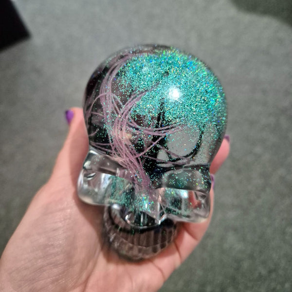 Resin Skull - handmade with cotton + green glitter