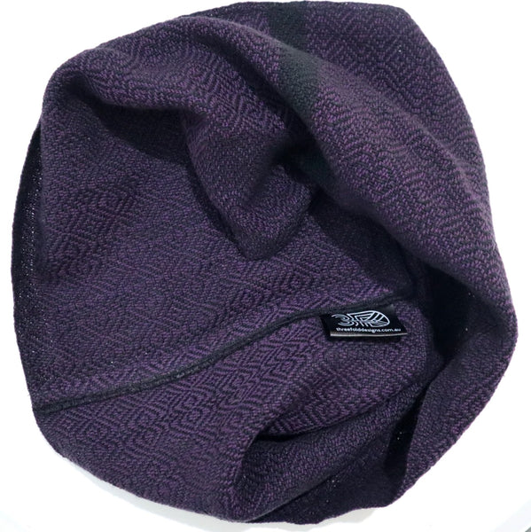 Handwoven short infinity scarf in dark plum and black cotton