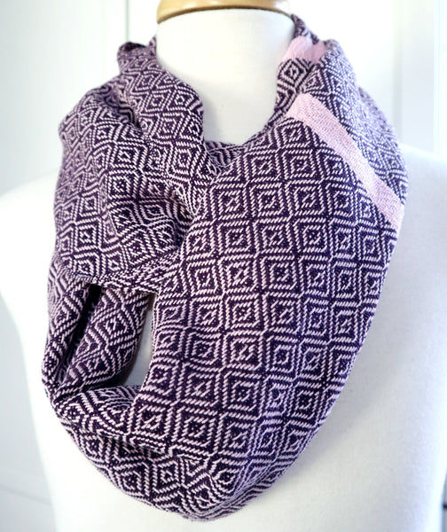 Handwoven loop scarf in plum purple and dusty pink cotton