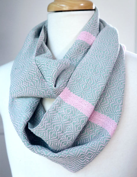 Handwoven cotton scarf in light sage green and pink