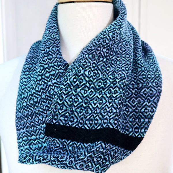 handwoven infinity short scarf in space-dyed blues and aquas and black