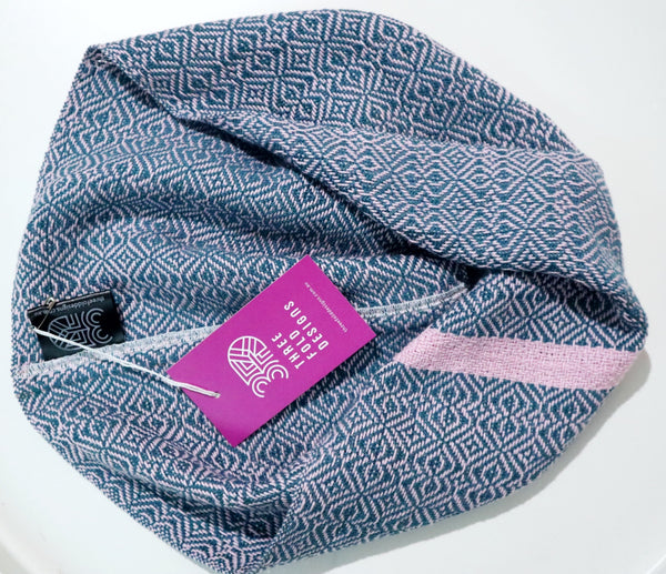 Handwoven blue and dusty pink short scarf snood