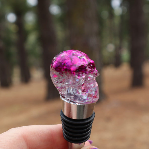 Resin Skull Bottle Stopper - hot pink glitter