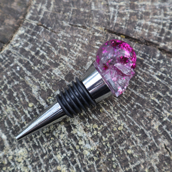 Resin Skull Bottle Stopper - hot pink glitter