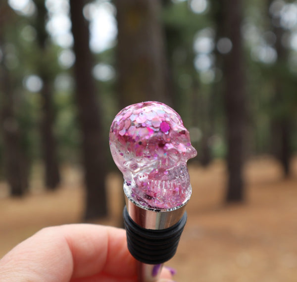 Resin Skull Bottle Stopper - light pink glitter