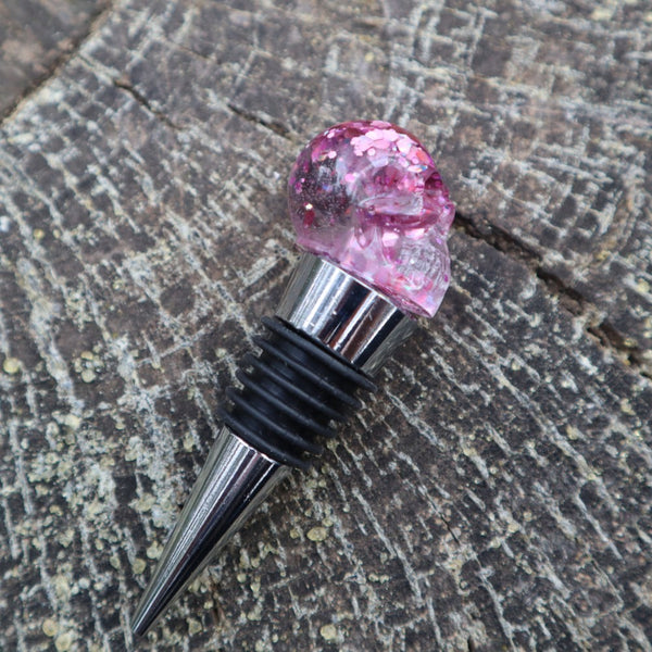 Resin Skull Bottle Stopper - light pink glitter