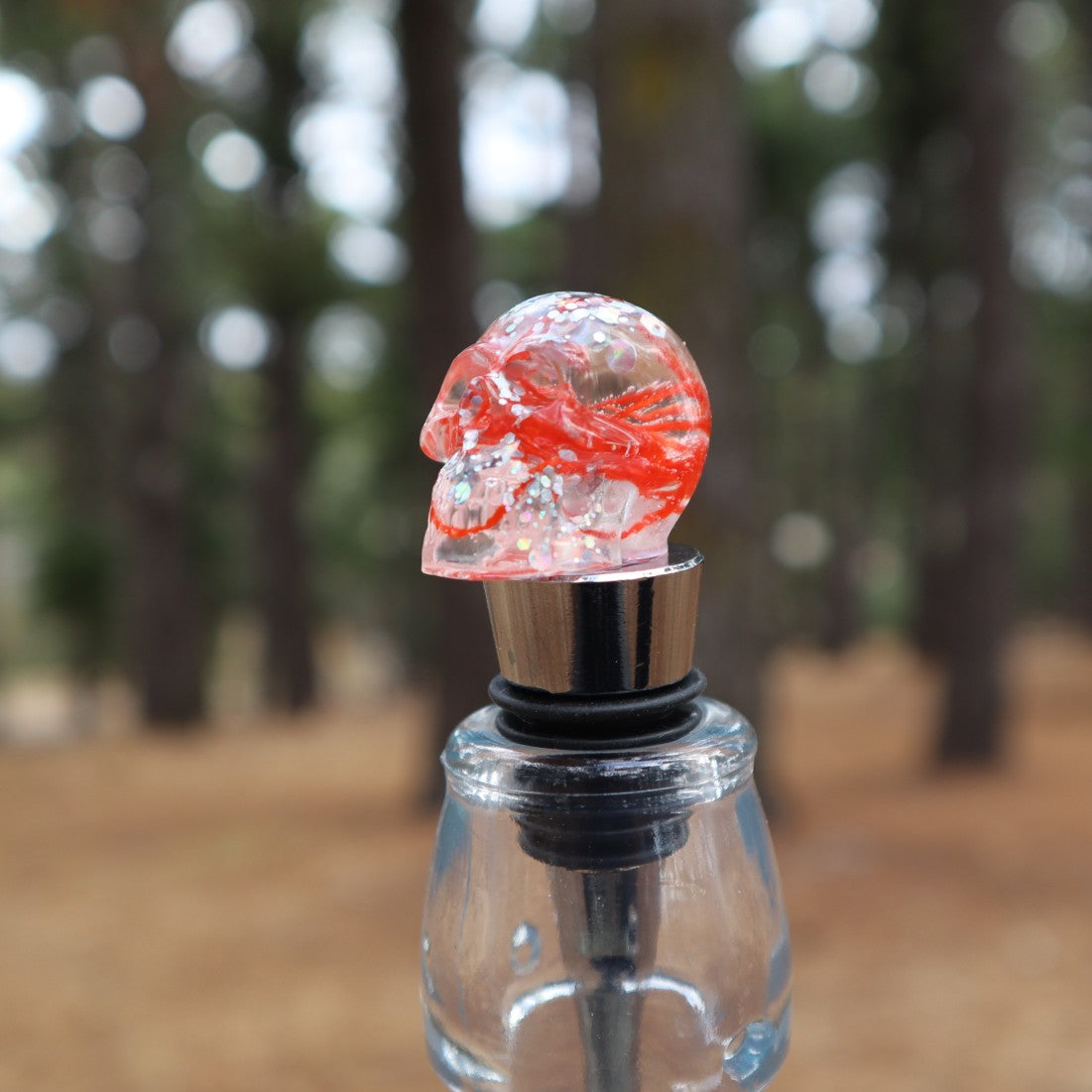 Resin Skull Bottle Stopper - orange cotton + silver glitter