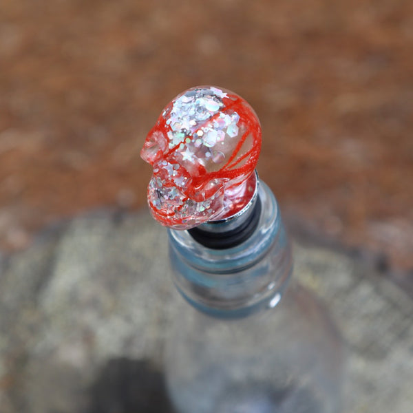 Resin Skull Bottle Stopper - orange cotton + silver glitter