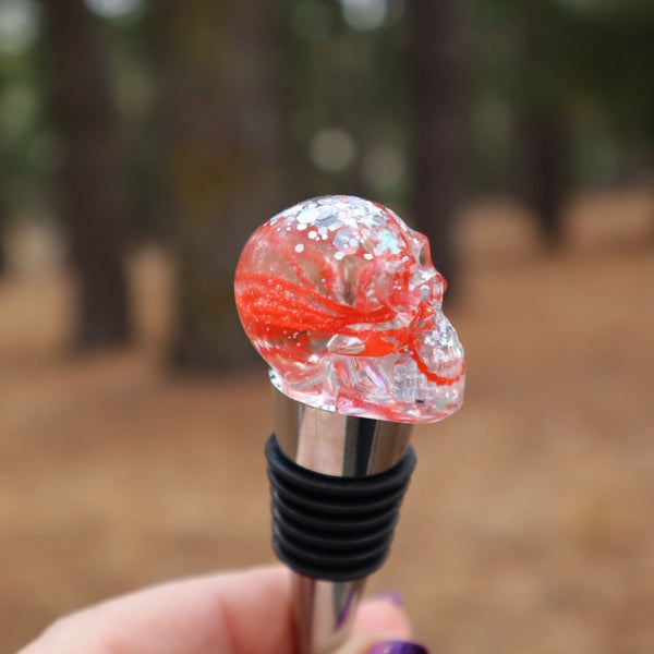 Resin Skull Bottle Stopper - orange cotton + silver glitter