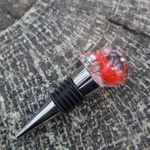 Resin Skull Bottle Stopper - orange cotton + silver glitter