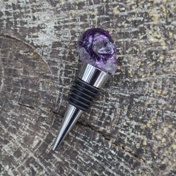 Resin Skull Bottle Stopper - purple glitter