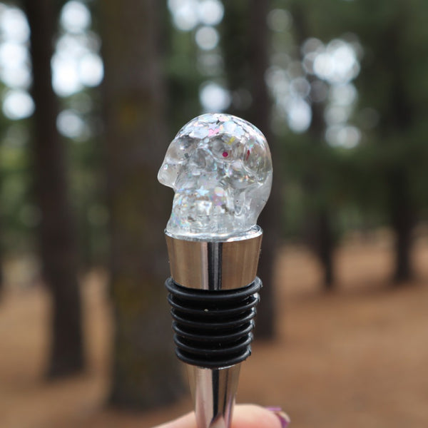 Resin Skull Bottle Stopper - silver glitter