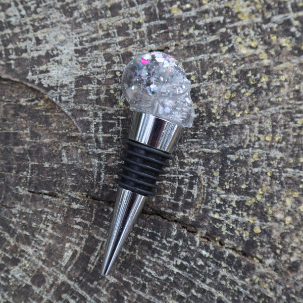 Resin Skull Bottle Stopper - silver glitter