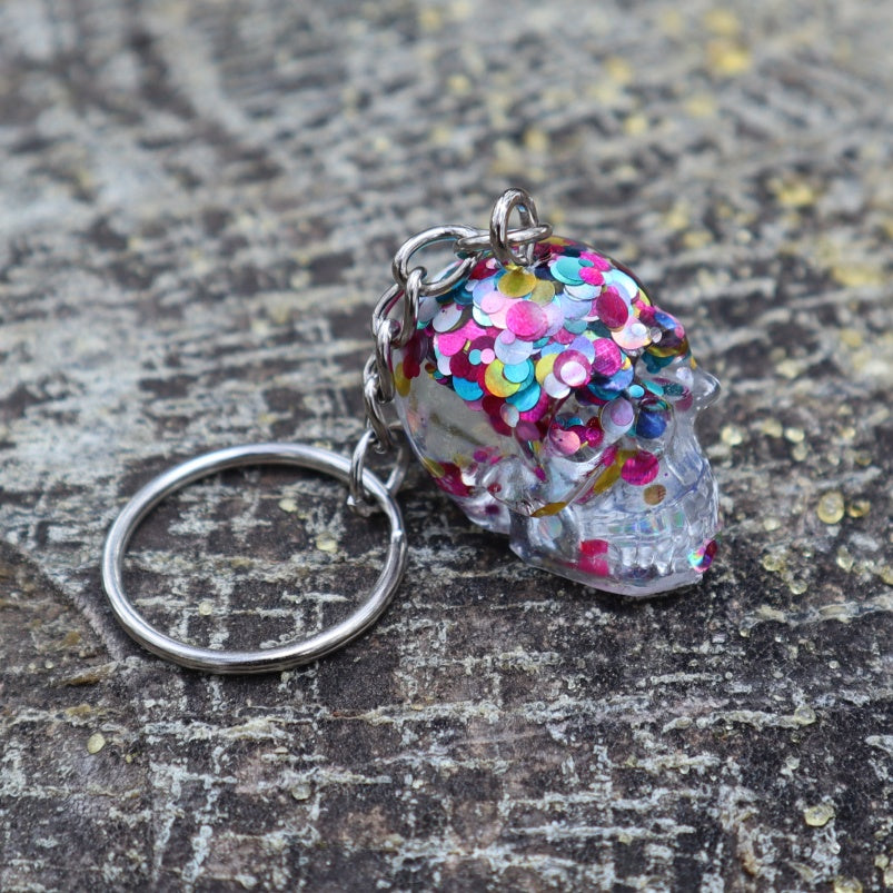 Resin Skull Keyring / Bag Charm - multi-coloured glitter