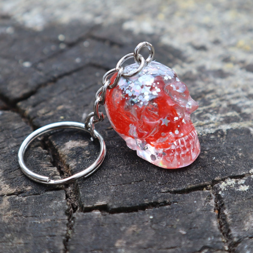 Resin Skull Keyring / Bag Charm - orange cotton + silver glitter